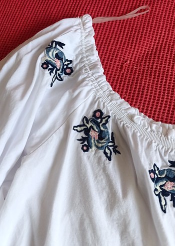 H&M Nakışlı Beyaz Bohem Mini Bluz