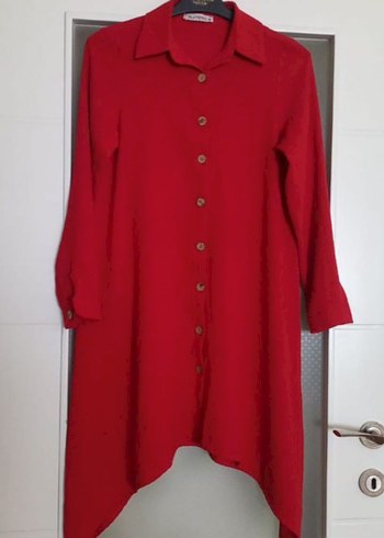 Kırmızı Uzun Kollu Uzun tunik, gömlek - Görsel 4