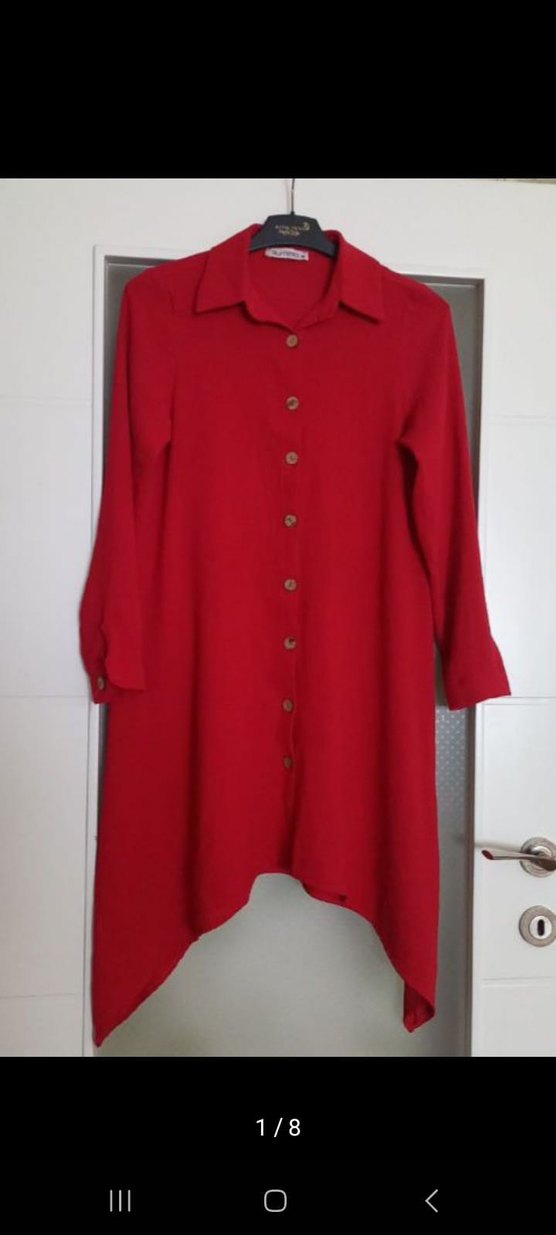 Kırmızı Uzun Kollu Uzun tunik, gömlek - Görsel 4