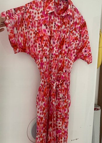Pembe Bağlama Desenli V Yaka Uzun tulum