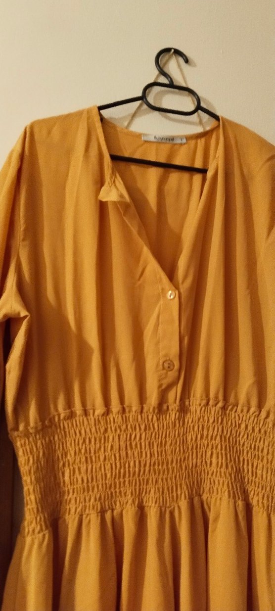 Bej Uzun Keten Elbise, V Yakalı, Bol Kesim - Görsel 2