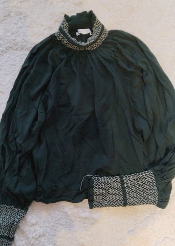 Bohem Stil Gri Kadın Bluz, Kuşaklı, Yüksek Yaka - Görsel 5