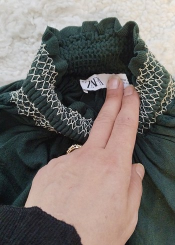 Bohem Stil Gri Kadın Bluz, Kuşaklı, Yüksek Yaka - Görsel 2