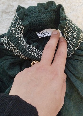 Bohem Stil Gri Kadın Bluz, Kuşaklı, Yüksek Yaka - Görsel 3