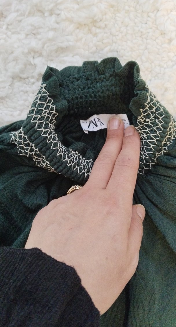 Bohem Stil Gri Kadın Bluz, Kuşaklı, Yüksek Yaka - Görsel 2