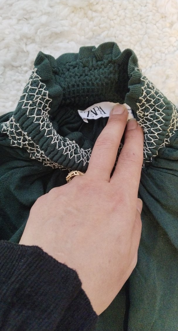 Bohem Stil Gri Kadın Bluz, Kuşaklı, Yüksek Yaka - Görsel 3