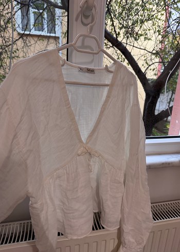 Beyaz V Yaka Keten Salaş Bluz - Görsel 2