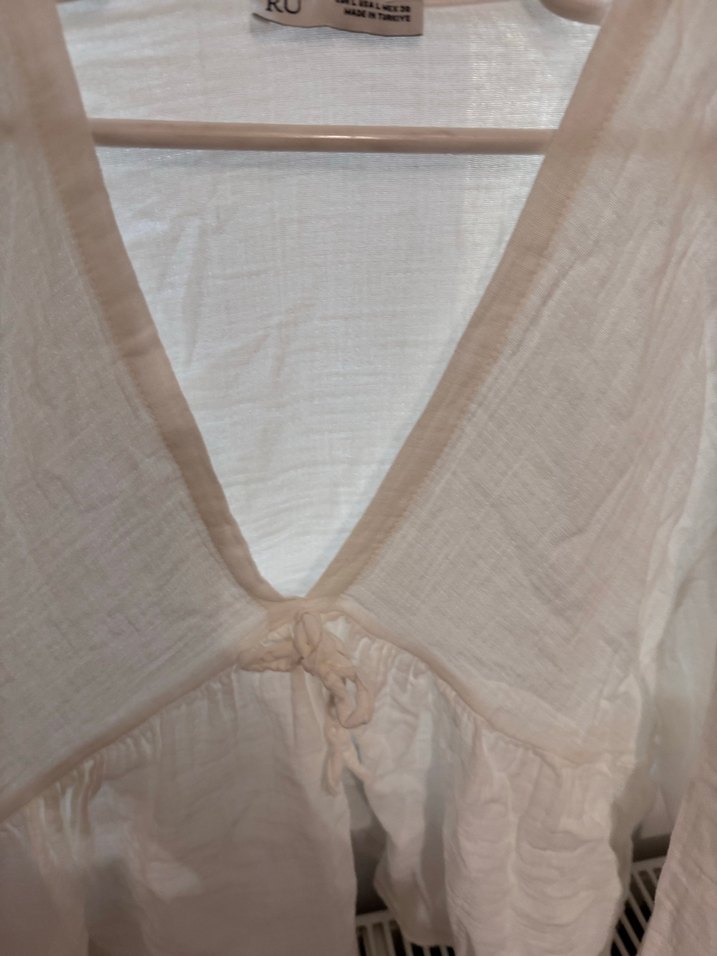 Beyaz V Yaka Keten Salaş Bluz - Görsel 3