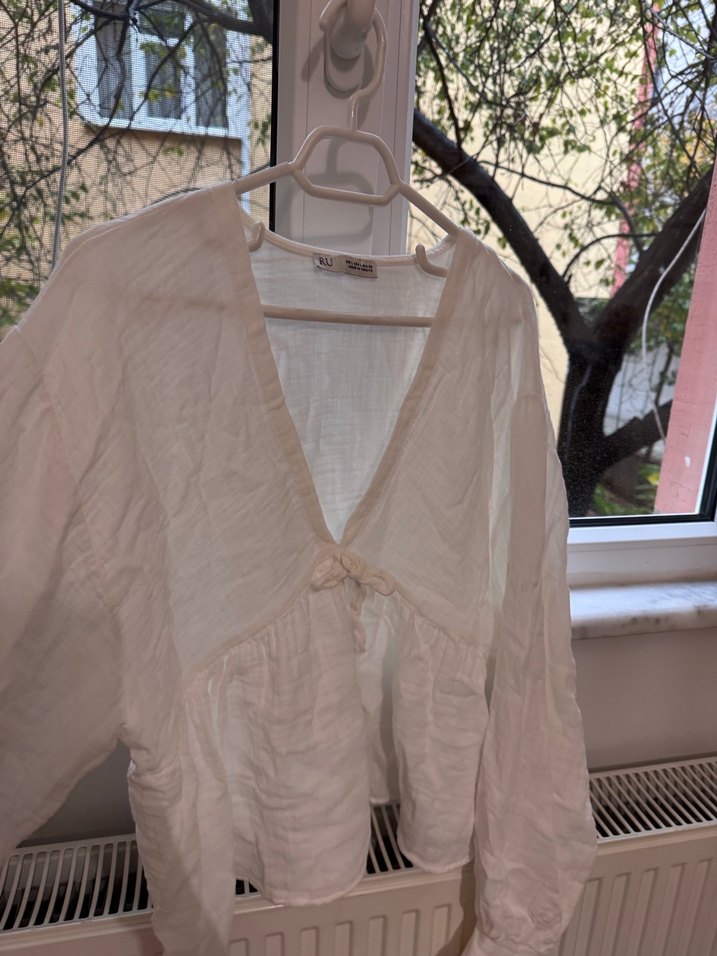 Beyaz V Yaka Keten Salaş Bluz - Görsel 2