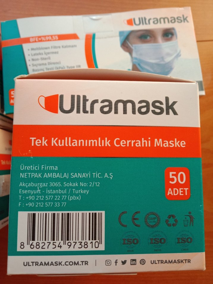 Ultramak 3 Katlı Telli Tek Kullanımlık Cerrahi Maske 50 Adet - Görsel 2