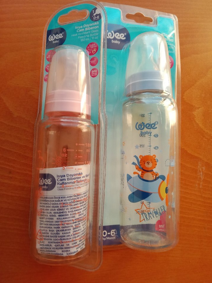 Mavi ve pembe Bebek Cam Biberon BPA İçermez - Görsel 5