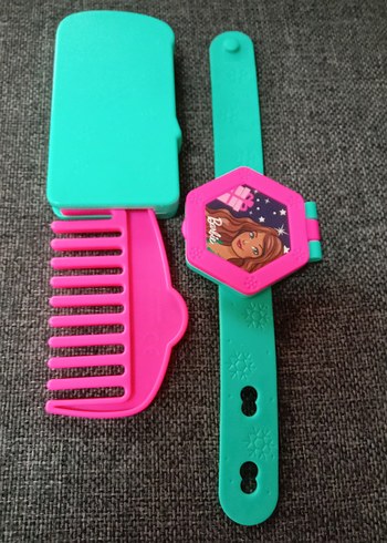 Renkli Barbie Desenli Çocuk kol saati ve tarak - Görsel 4