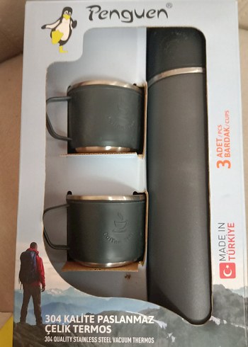 Penguen Gri Çelik Termos ve 2 Bardak Seti - Görsel 4