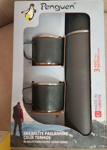 Penguen Gri Çelik Termos ve 2 Bardak Seti - Görsel 6