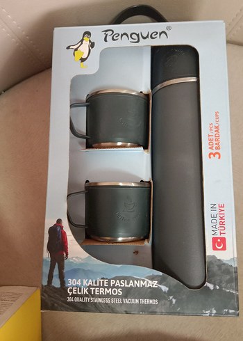 Penguen Gri Çelik Termos ve 2 Bardak Seti - Görsel 5
