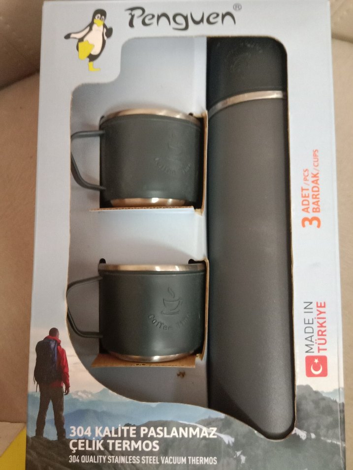 Penguen Gri Çelik Termos ve 2 Bardak Seti - Görsel 4