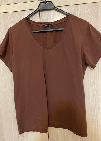 Trendyol  Kahverengi V Yakalı  Tişört - Görsel 6