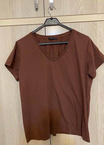 Trendyol  Kahverengi V Yakalı  Tişört - Görsel 4