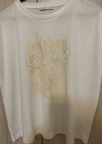 Krem rengi  Kadın Baskılı Pamuklu Tişört - Görsel 8