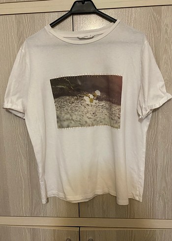 Mango Kadın krem rengi Baskılı Pamuk Tişört - Görsel 3