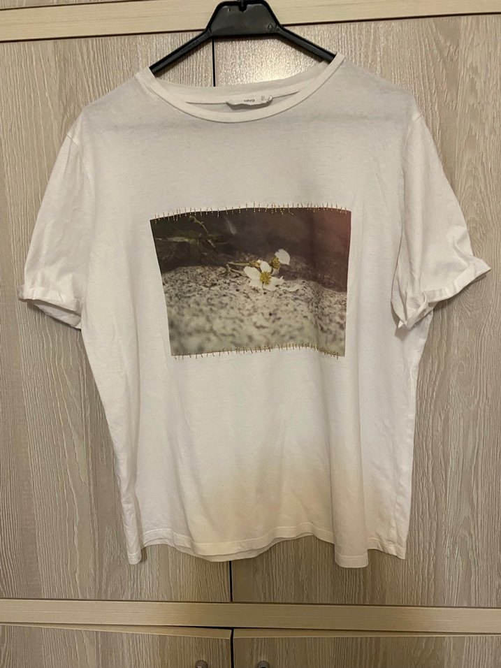 Mango Kadın krem rengi Baskılı Pamuk Tişört - Görsel 3