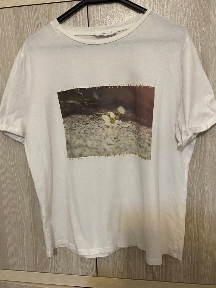 Mango Kadın krem rengi Baskılı Pamuk Tişört - Görsel 2