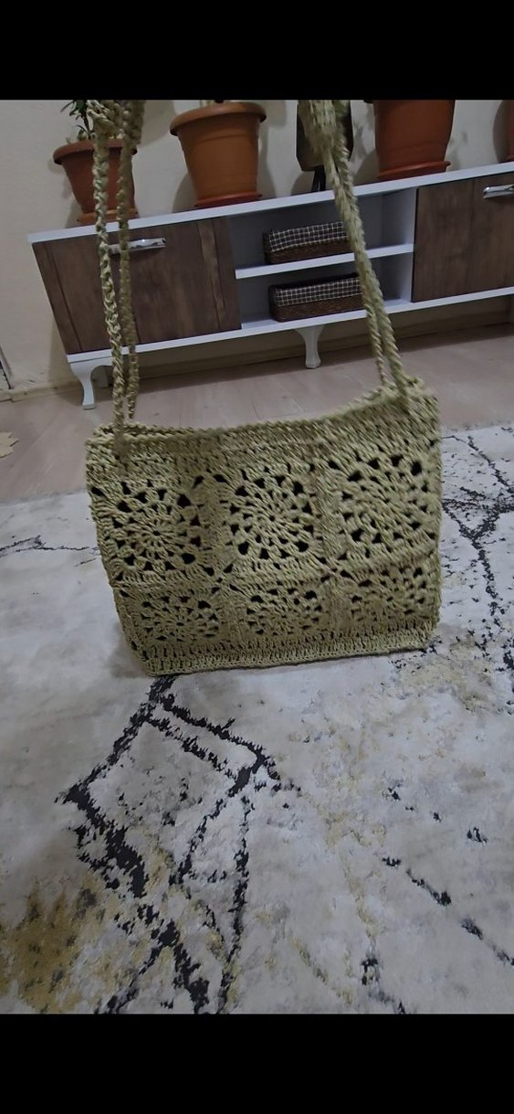 Bej Dantel Detaylı Örgü Bohem Omuz Çantası - Görsel 3