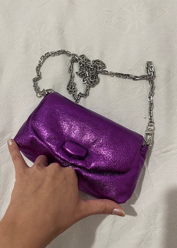 Parlak Mor Deri Zincir Detaylı Çanta - Görsel 5