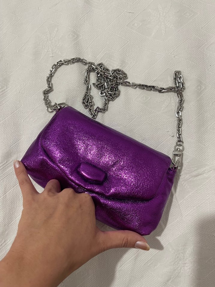 Parlak Mor Deri Zincir Detaylı Çanta - Görsel 5