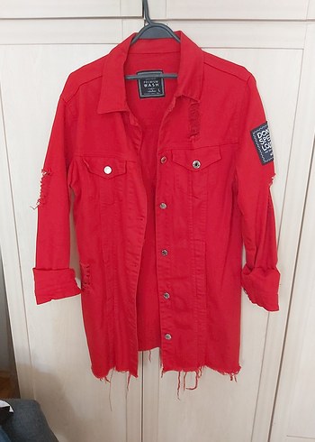 Kadın Kırmızı Düğmeli Denim Ceket
