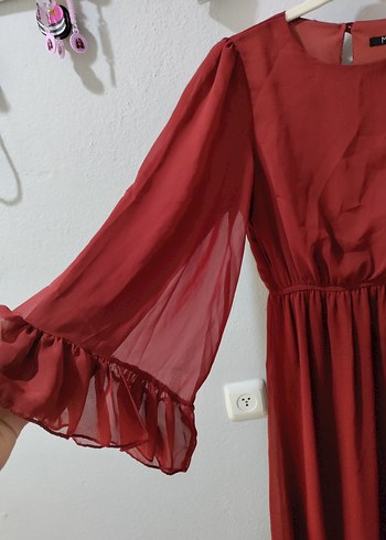 Diğer Uzun Kollu Koyu Kırmızı Fırfırlı Uzun Elbise