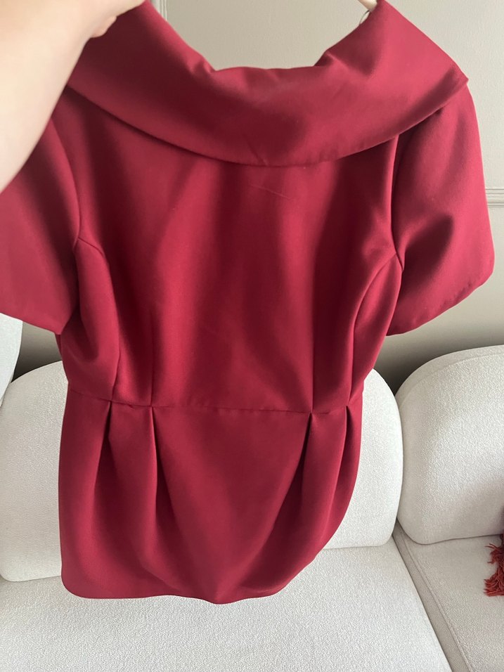 Bordo V Yaka Midi Abiye Elbise - Görsel 3