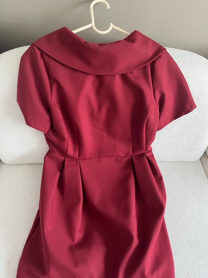 Bordo V Yaka Midi Abiye Elbise - Görsel 2