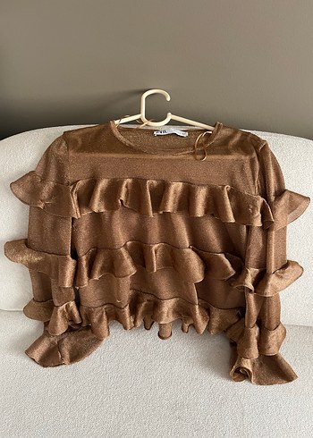 Bej Renkli Fırfırlı Uzun Kollu Bluz - Görsel 5