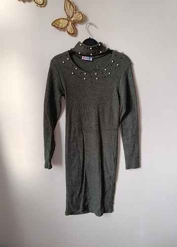 Uzun Kollu Gri Triko Elbise - Görsel 2