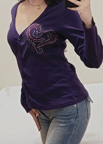 y2k mor V yaka Hırka - Görsel 2