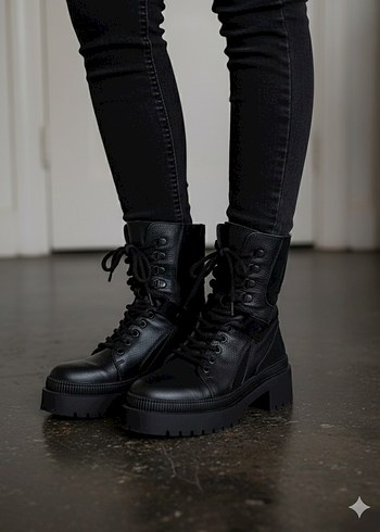 Siyah Deri Platform Topuklu Goth Kadın Bot - Görsel 3