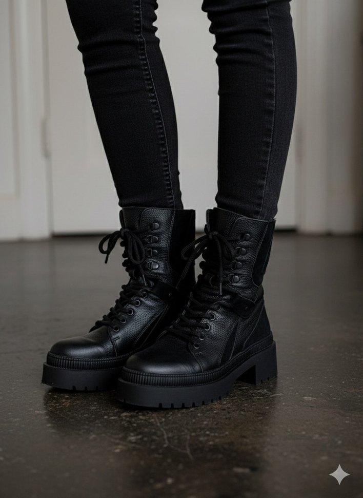 Siyah Deri Platform Topuklu Goth Kadın Bot - Görsel 3