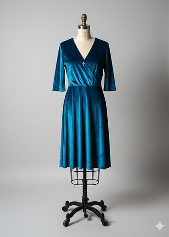 Turkuaz kadife elbise - Görsel 4