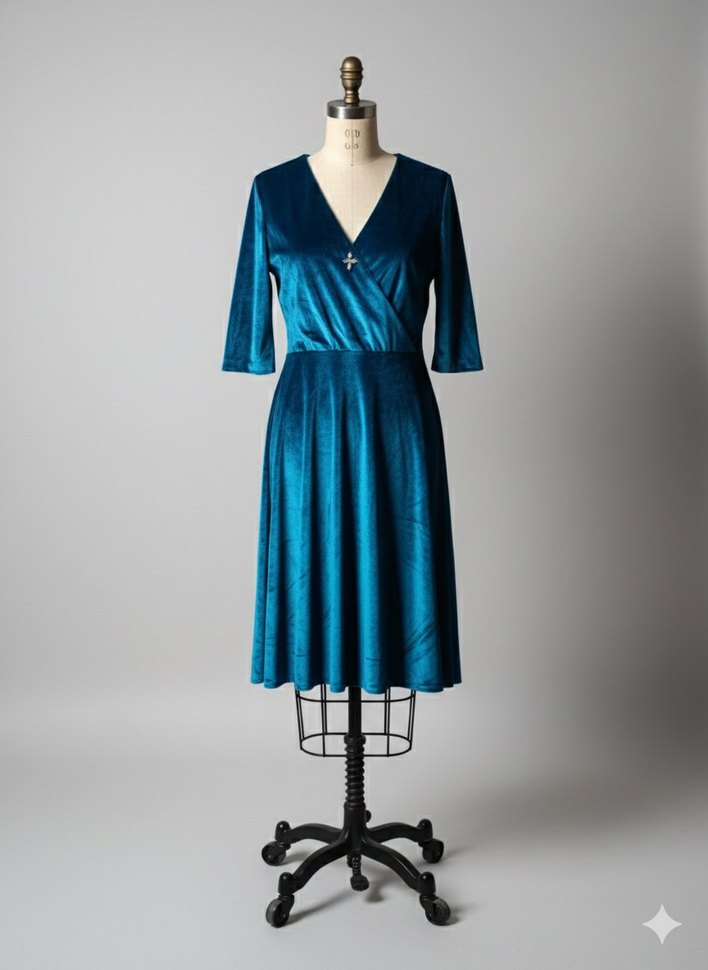 Turkuaz kadife elbise - Görsel 4