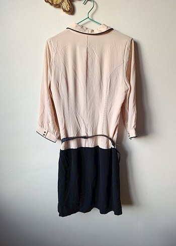 Bej Siyah Midi İnce Kuşaklı Günlük Elbise - Görsel 2