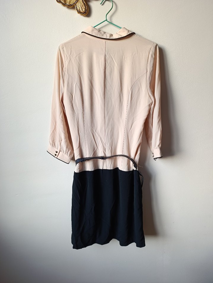 Bej Siyah Midi İnce Kuşaklı Günlük Elbise - Görsel 2