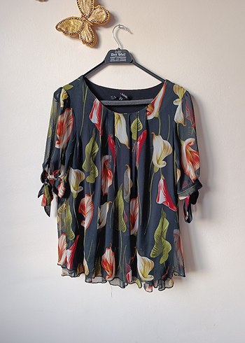 siyah Çiçek Desenli şifon Bluz - Görsel 2