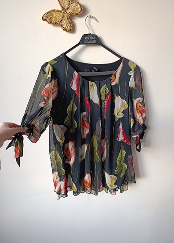 siyah Çiçek Desenli şifon Bluz - Görsel 3