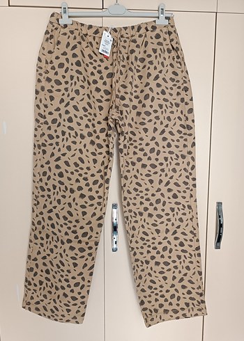 beli lastikli Leopar Desenli Bej Kadın Pantolon