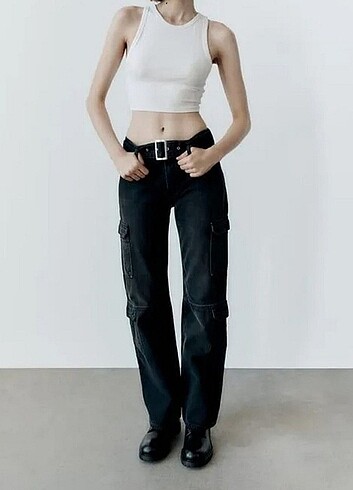 ZARA KEMERLİ SİYAH KARGO JEAN