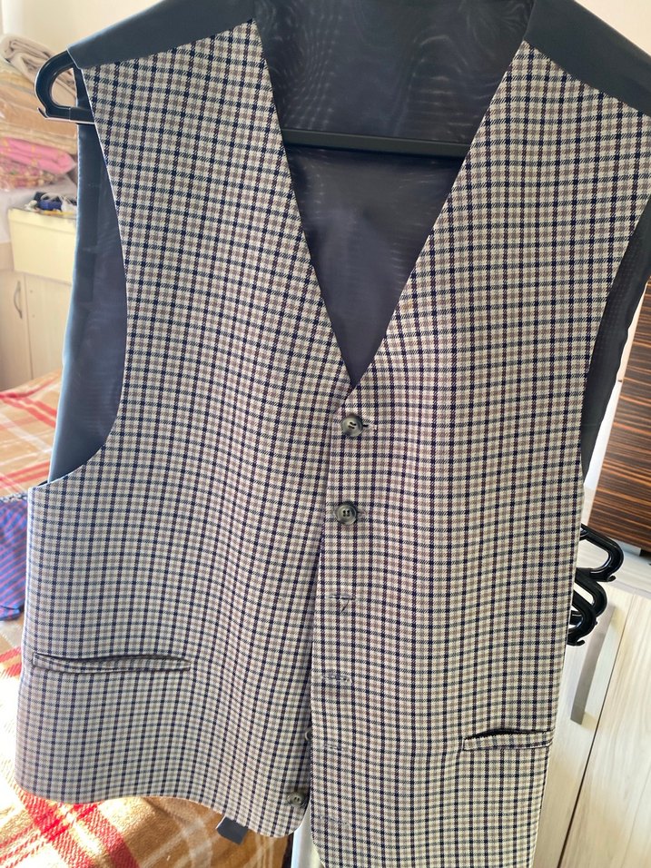 Gri Kareli Düğmeli Erkek Takım Ceketi ve yeleği - Görsel 5
