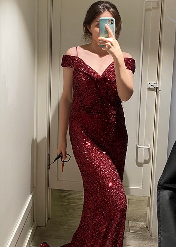 Bordo Parlak Uzun Abiye Elbise - Görsel 2