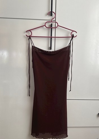 Bordo Askılı Drapeli Midi Elbise