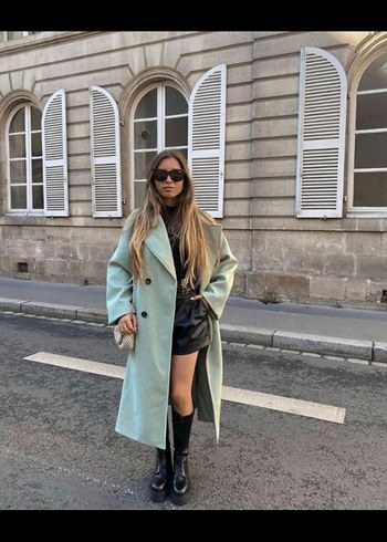 Zara Çift Düğmeli Uzun Yeşil Kaban - Görsel 3